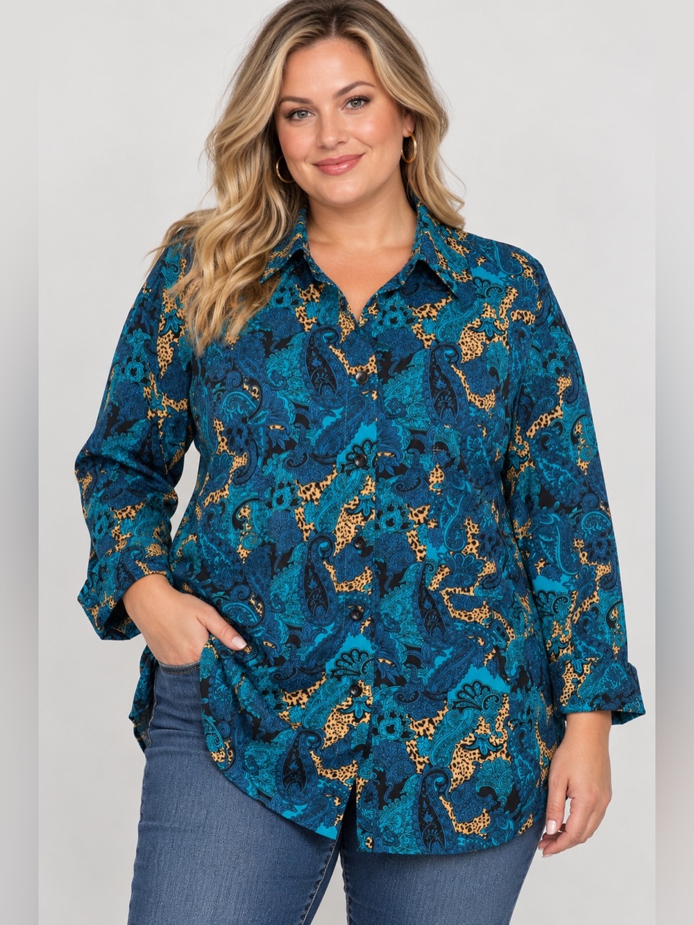 SHEIN Teal Paisley Button-Down Shirt with Gold Print